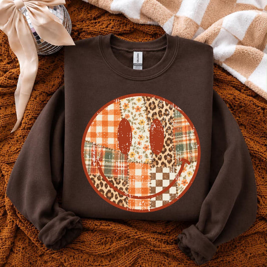 Fall Pattern Smiley Face Chocolate Sweatshirt **FINAL SALE**