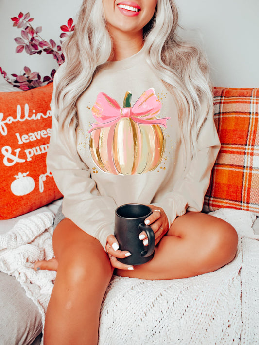 **DEAL OF THE DAY** Pink Bow Preppy Pumpkin Sand Sweatshirt