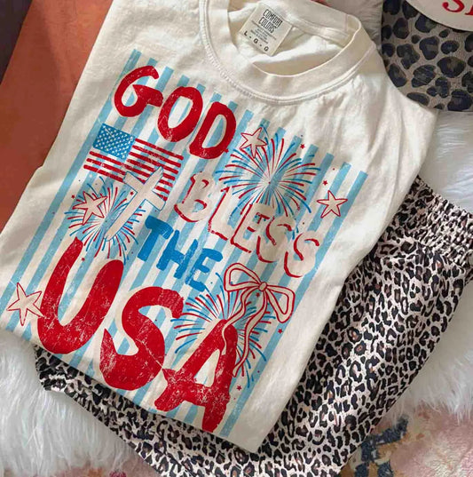 Blue Striped Distressed God Bless The USA Ivory Tee