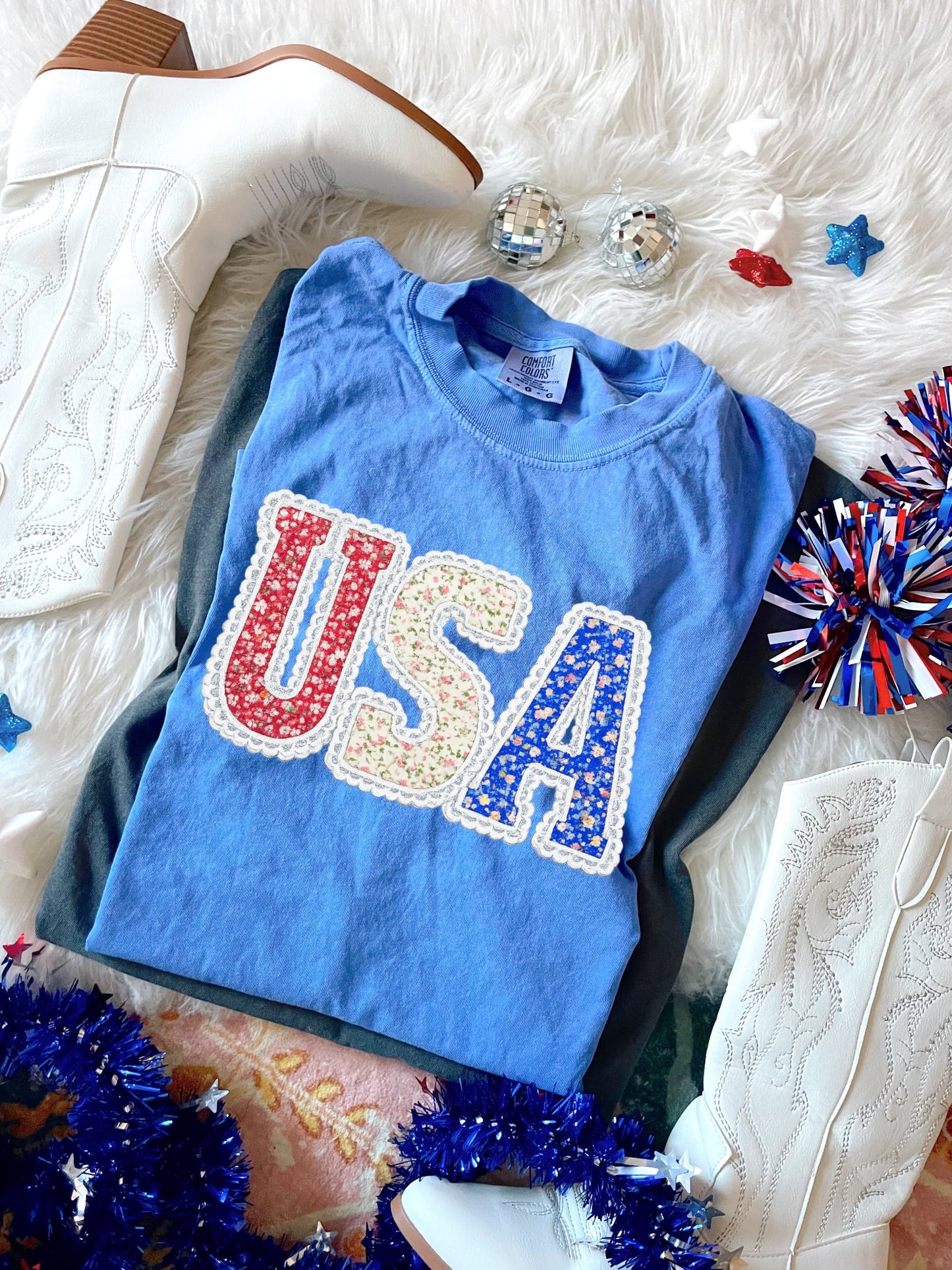 Faux Lace Floral USA Flo Blue Tee