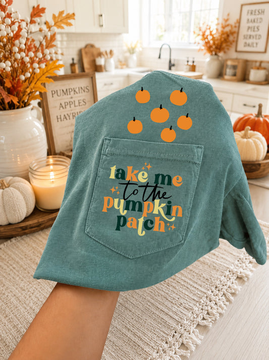 Left Pocket Design Meet Me At The Pumpkin Patch Light Green Pocket Tee