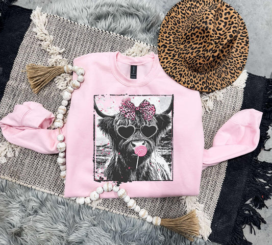 Swirl Sucker Highland Cow Light Pink Sweatshirt