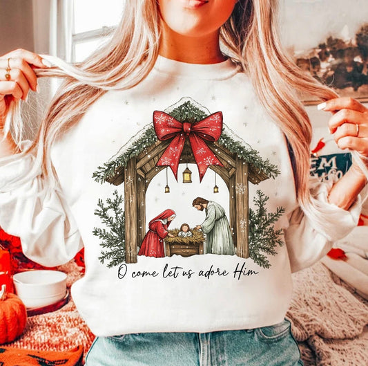**CHRISTMAS IN JULY** Stable Come Let Us Adore Him Sand Sweatshirt