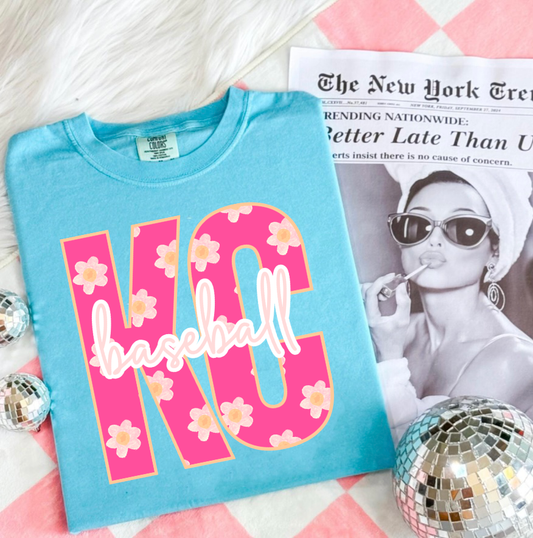 Pink Floral KC Baseball Lagoon Tee