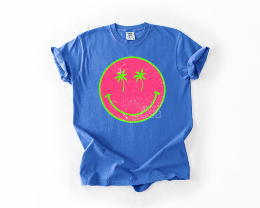 Pink Palm Tree Smiley Flo Blue Tee