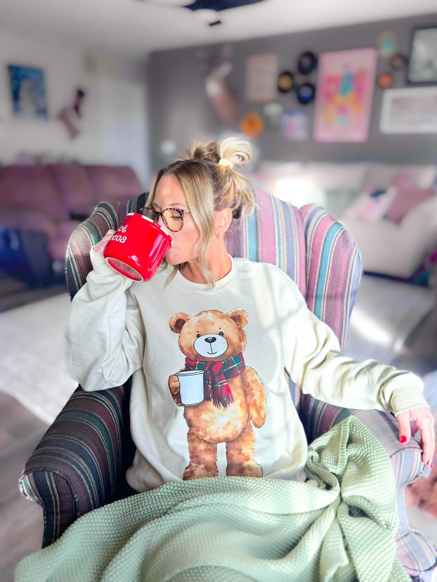 Teddy Bear Plaid Scarf Sand Sweatshirt