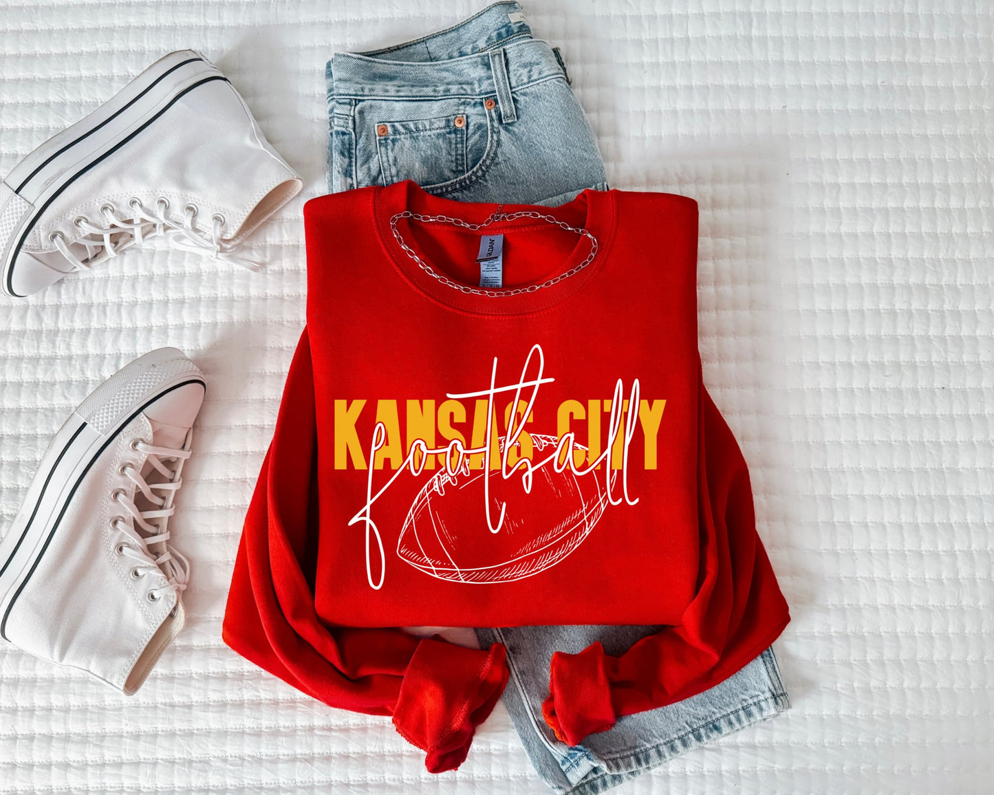 **HALFTIME DEAL** Gold Kansas City White Football Outline Script Red Sweatshirt