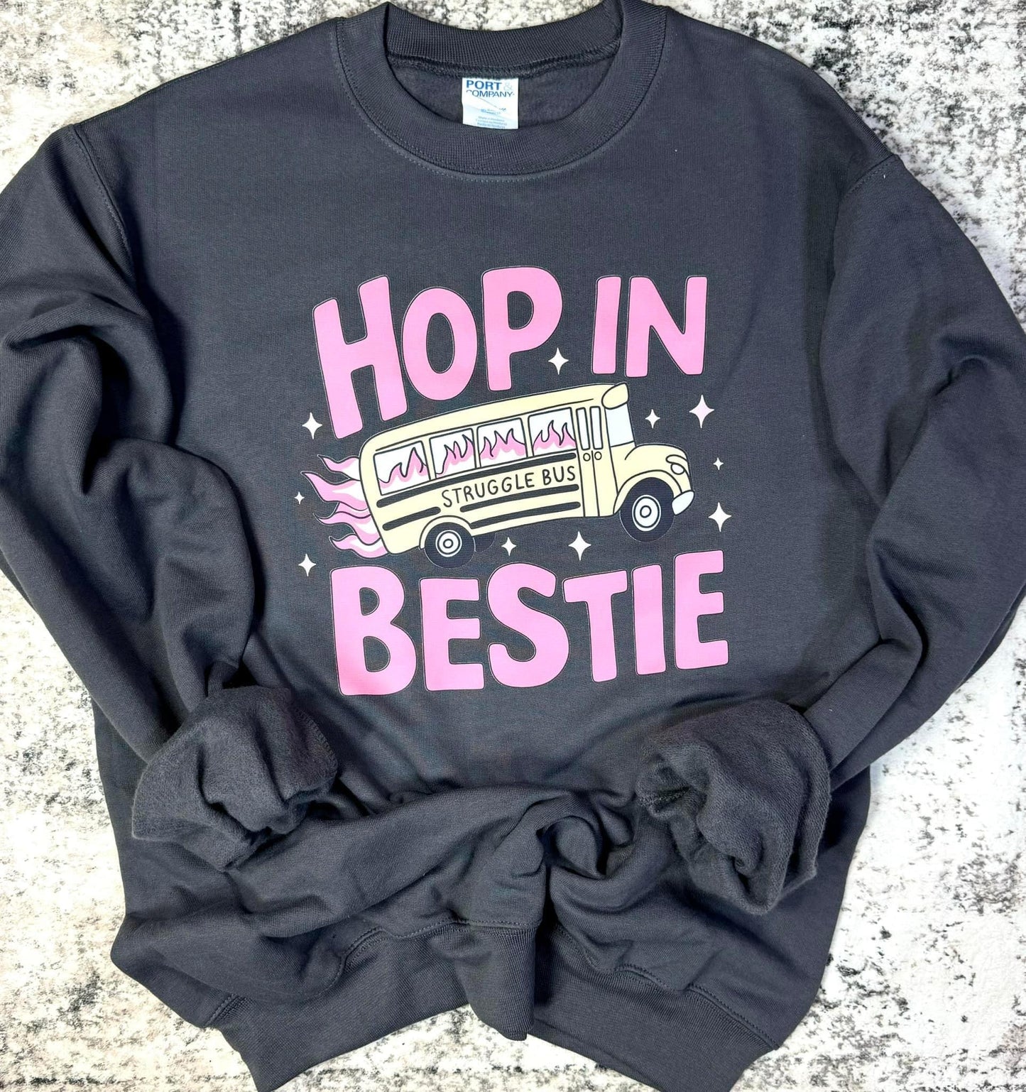 Hop In Bestie Struggle Bus Black Sweatshirt