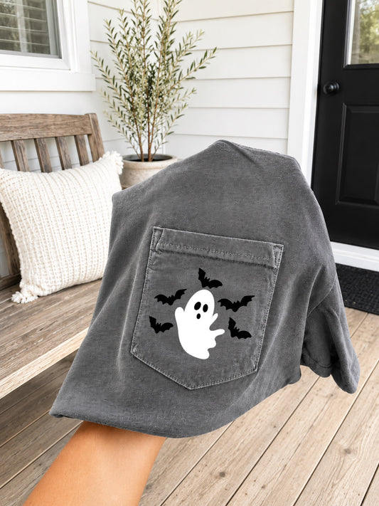 Left Pocket Design White Ghost & Bats Pepper Pocket Tee