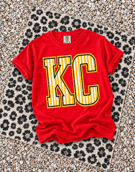 **HALFTIME DEAL** Gold & White Vertical Striped KC Red Tee **FINAL SALE**
