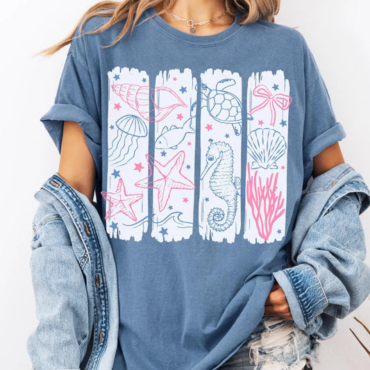 Beach Life Photo Collage Blue Jean Tee