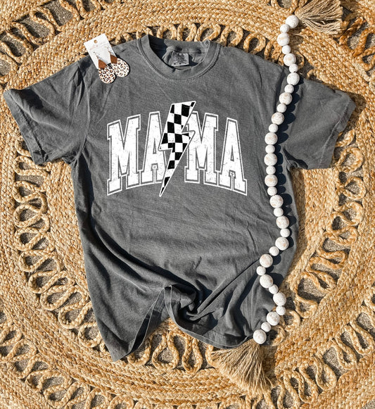 Distressed Mama Lightening Bolt Checkered Pepper Tee