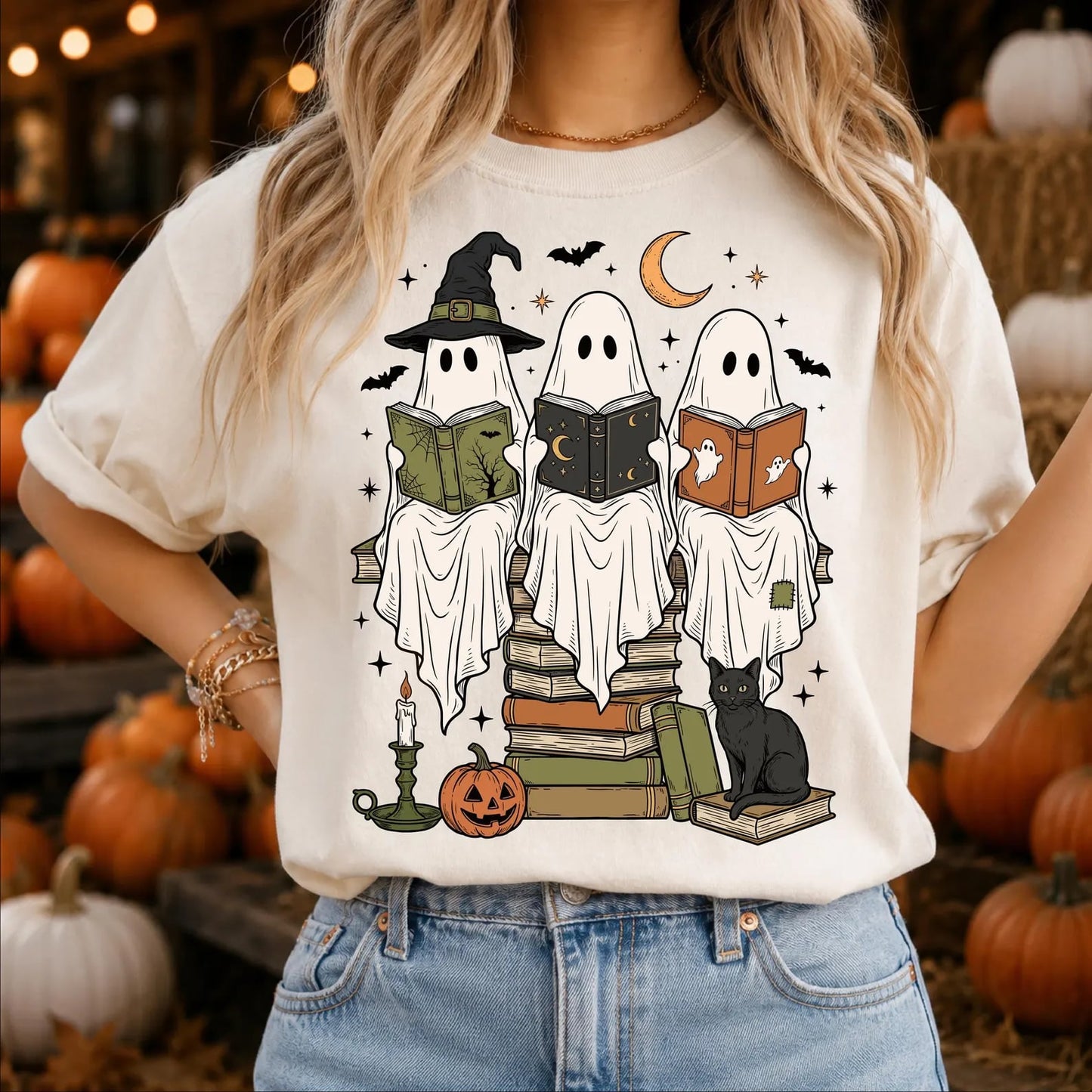 Fall Stacked Books Ghost Ivory Tee