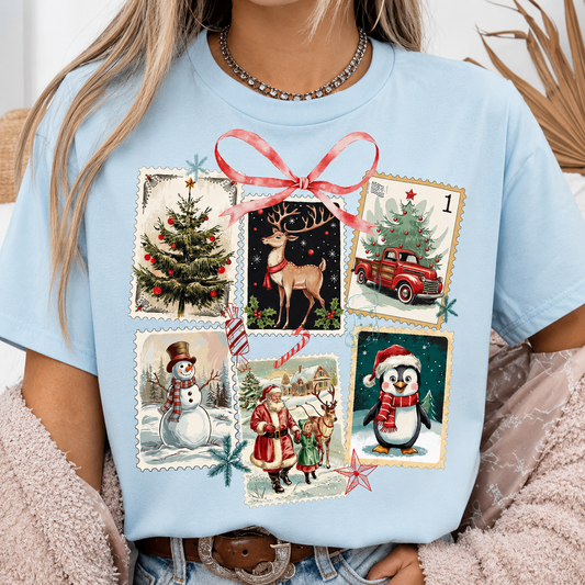 **CHRISTMAS IN JULY** Old Fashioned Christmas Stamps Chambray Tee