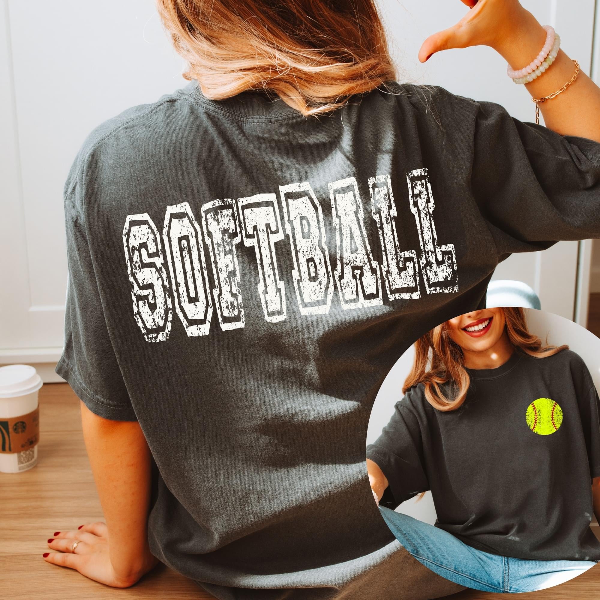 FRONT + BACK Distressed Softball Pepper Tee