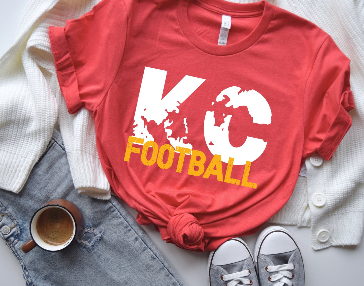 White Distressed KC Gold Football Heather Red Tee