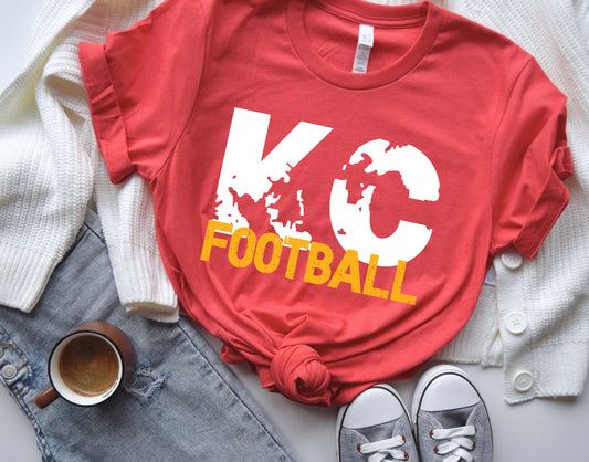 White Distressed KC Gold Football Heather Red Tee