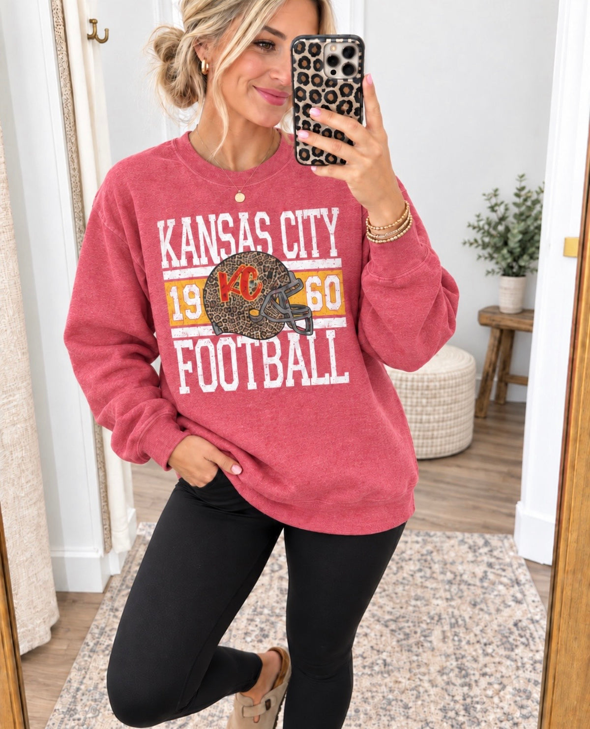 **HALFTIME DEAL** White Distressed Kansas City Leopard Helmet Heather Red Sweatshirt