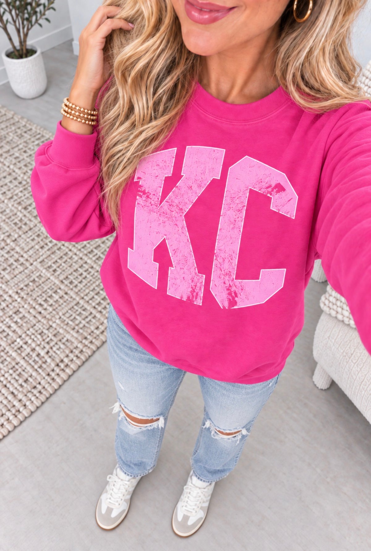 **HALFTIME DEAL** Distressed Pink KC Block Letters Heliconia Sweatshirt