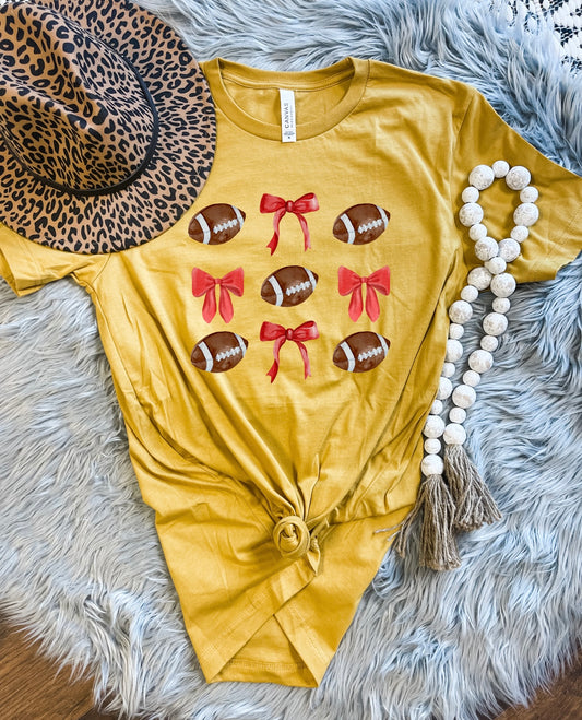 Bow & Football Collage Heather Mustard Tee