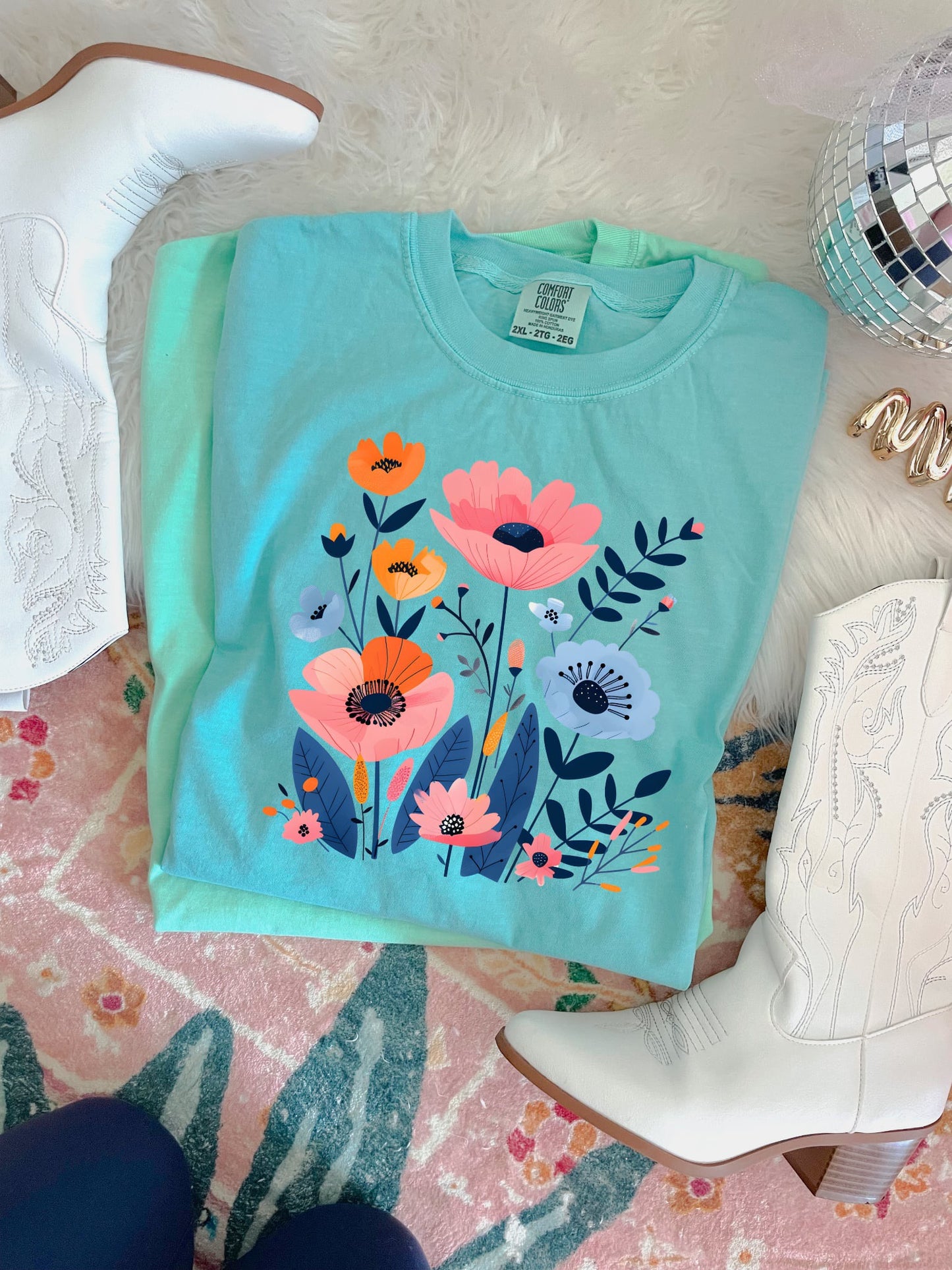 Pink & Blue Floral Design Chalky Mint Tee