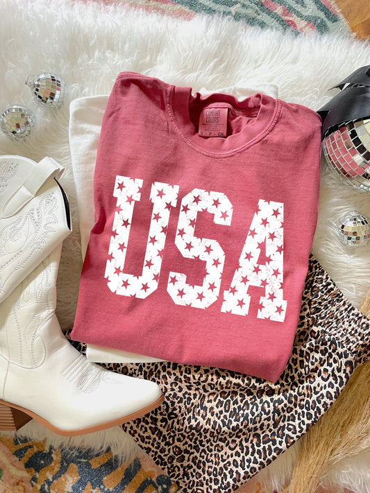 Multi White Stars USA Crimson Tee
