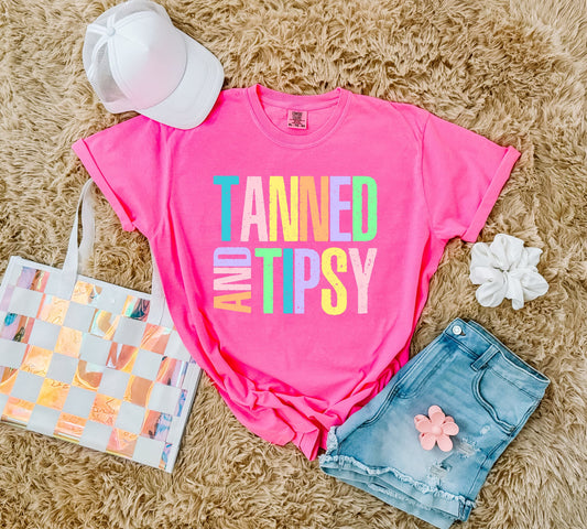 **DEAL PRICE** Colorful Tanned & Tipsy Neon Pink Tee/Tank Option