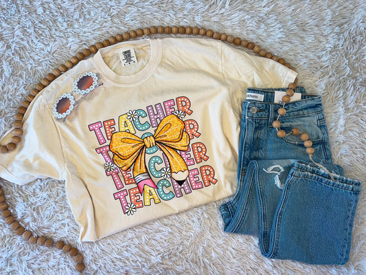 Teacher Repeat Pencil Bow Ivory Tee
