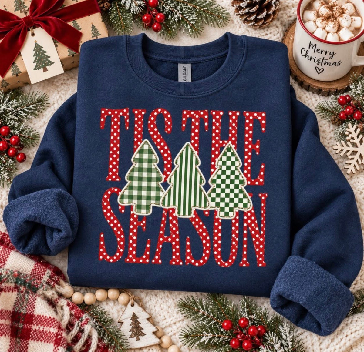 Triple Christmas Trees Tis The Season Navy Sweatshirt