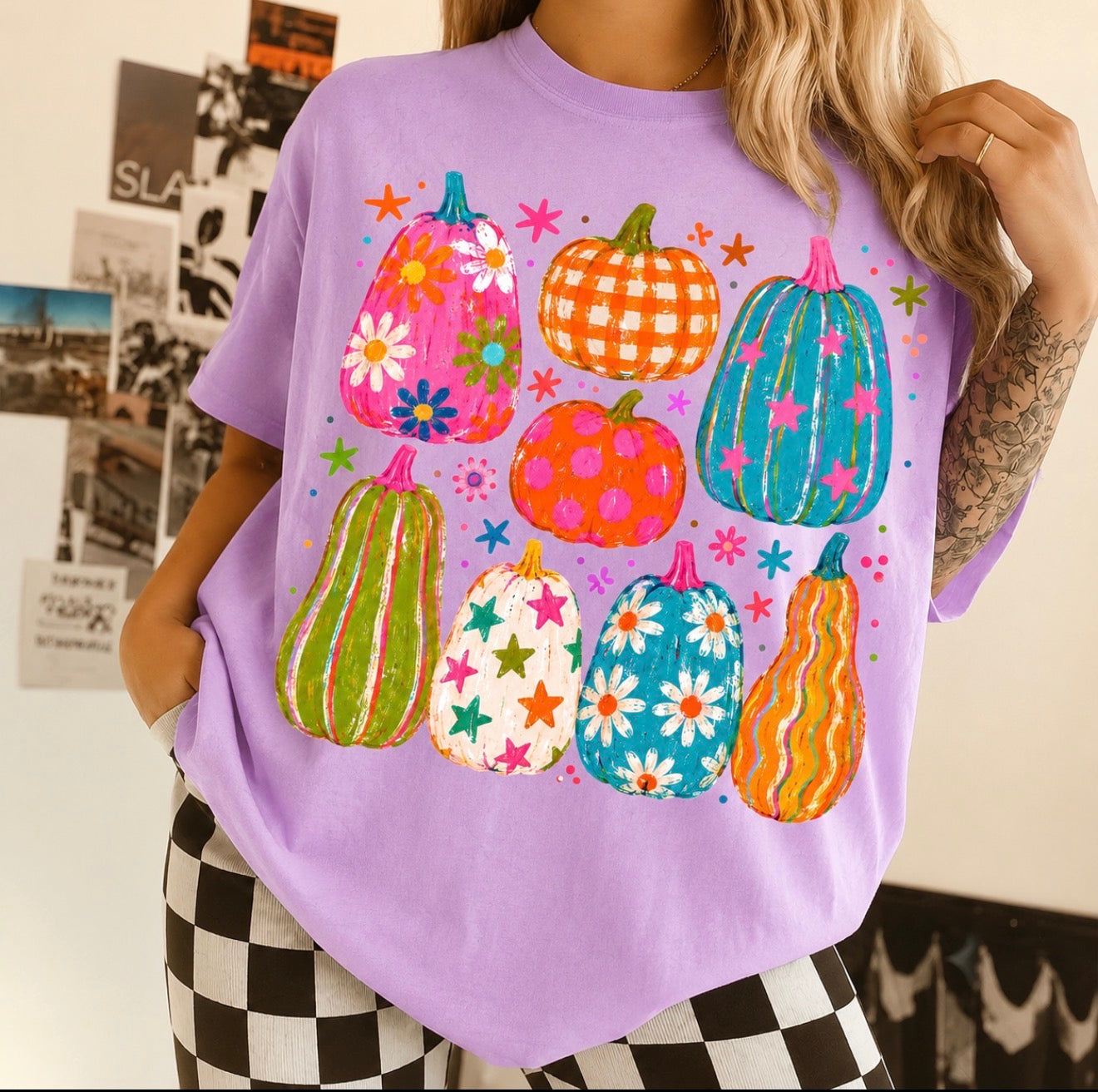**DEAL OF THE DAY** Bright Colorful Pumpkin Collage Neon Violet Tee