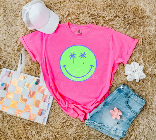 Green Palm Tree Smiley Neon Pink Tee