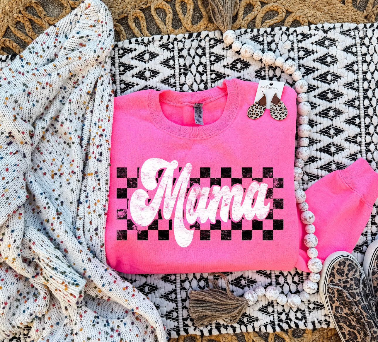 Retro Checkered Mama Hot Pink Sweatshirt