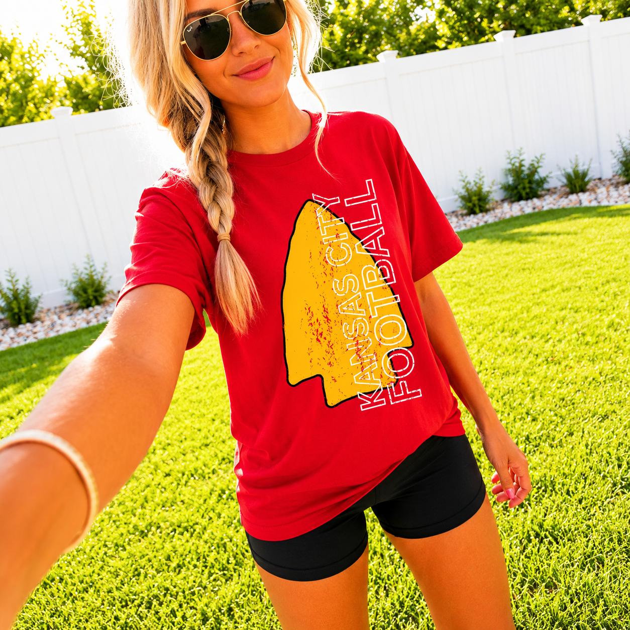 **DEAL OF THE DAY** Vertical Distressed Gold Arrowhead KC Football Red Tee