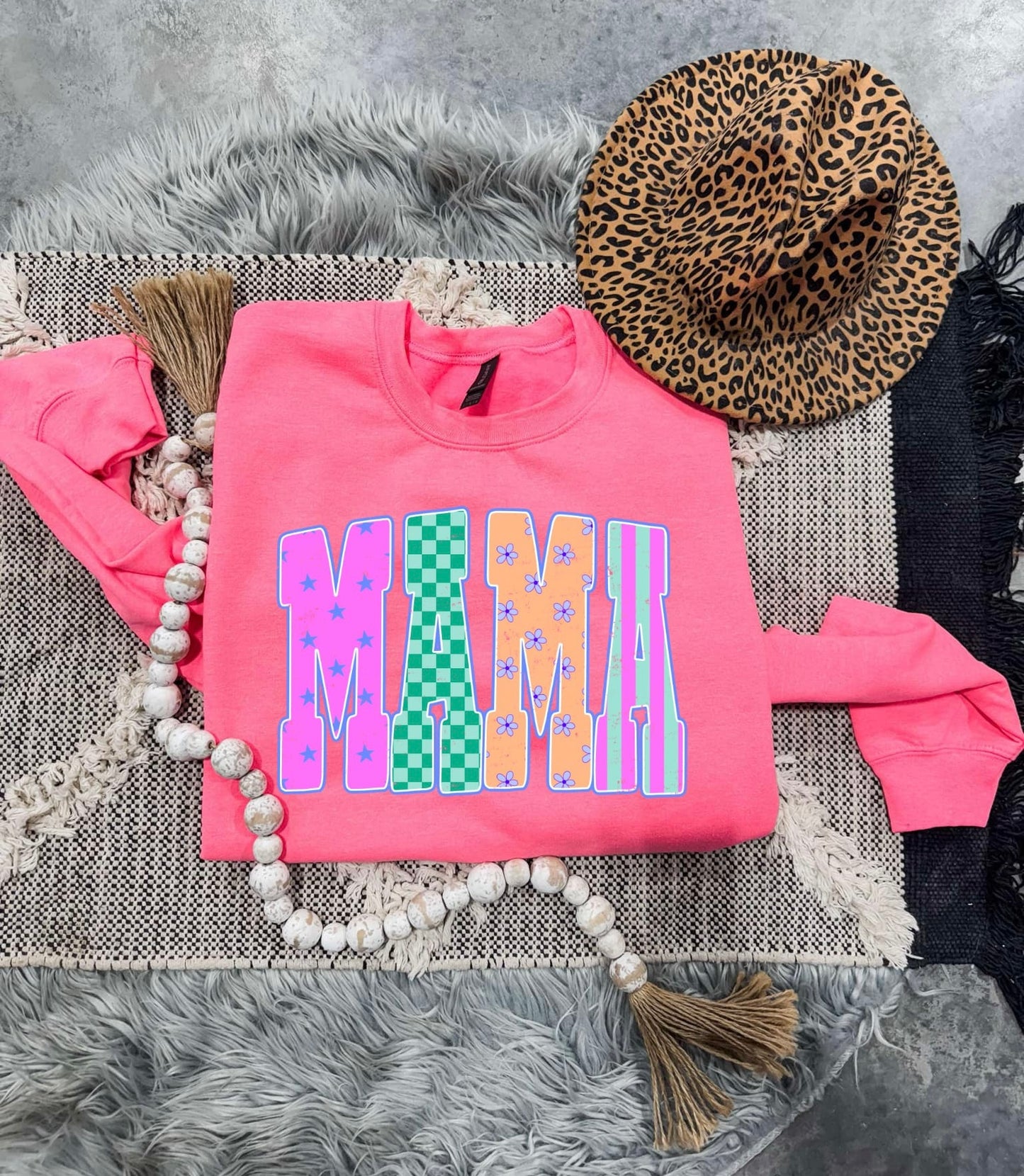 Stars Stripes & Checkered Mama Block Neon Pink Sweatshirt