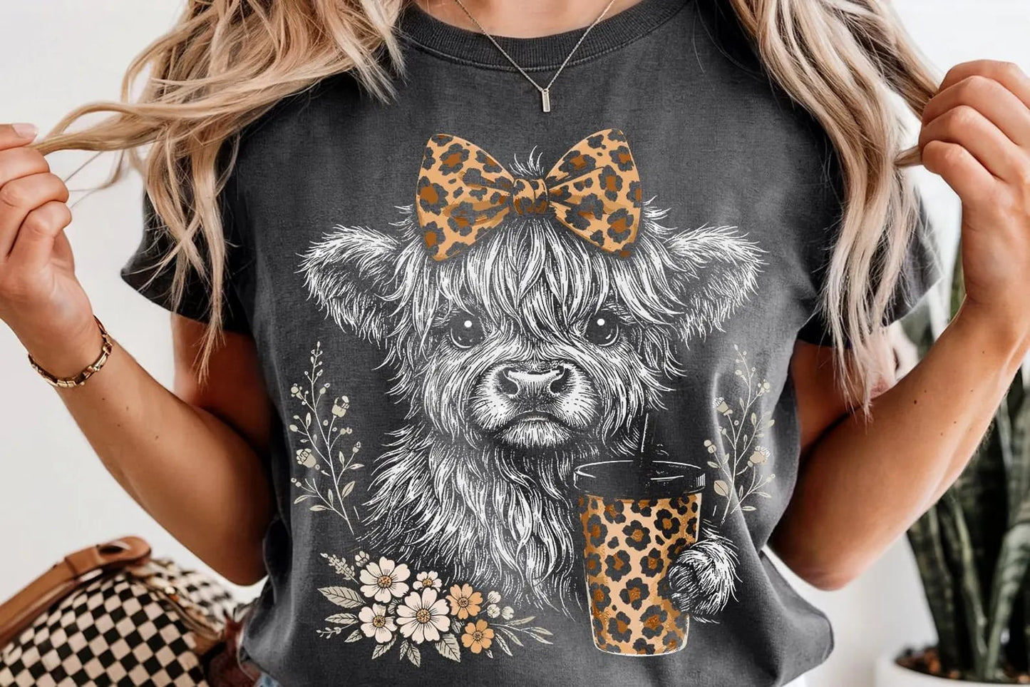 Highland Cow Fall Leopard Bow Pepper Tee