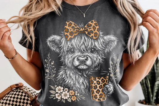 Highland Cow Fall Leopard Bow Pepper Tee