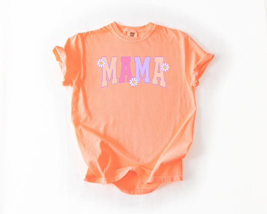 Mama Distressed Varsity Curve Daisies Neon Cantaloupe