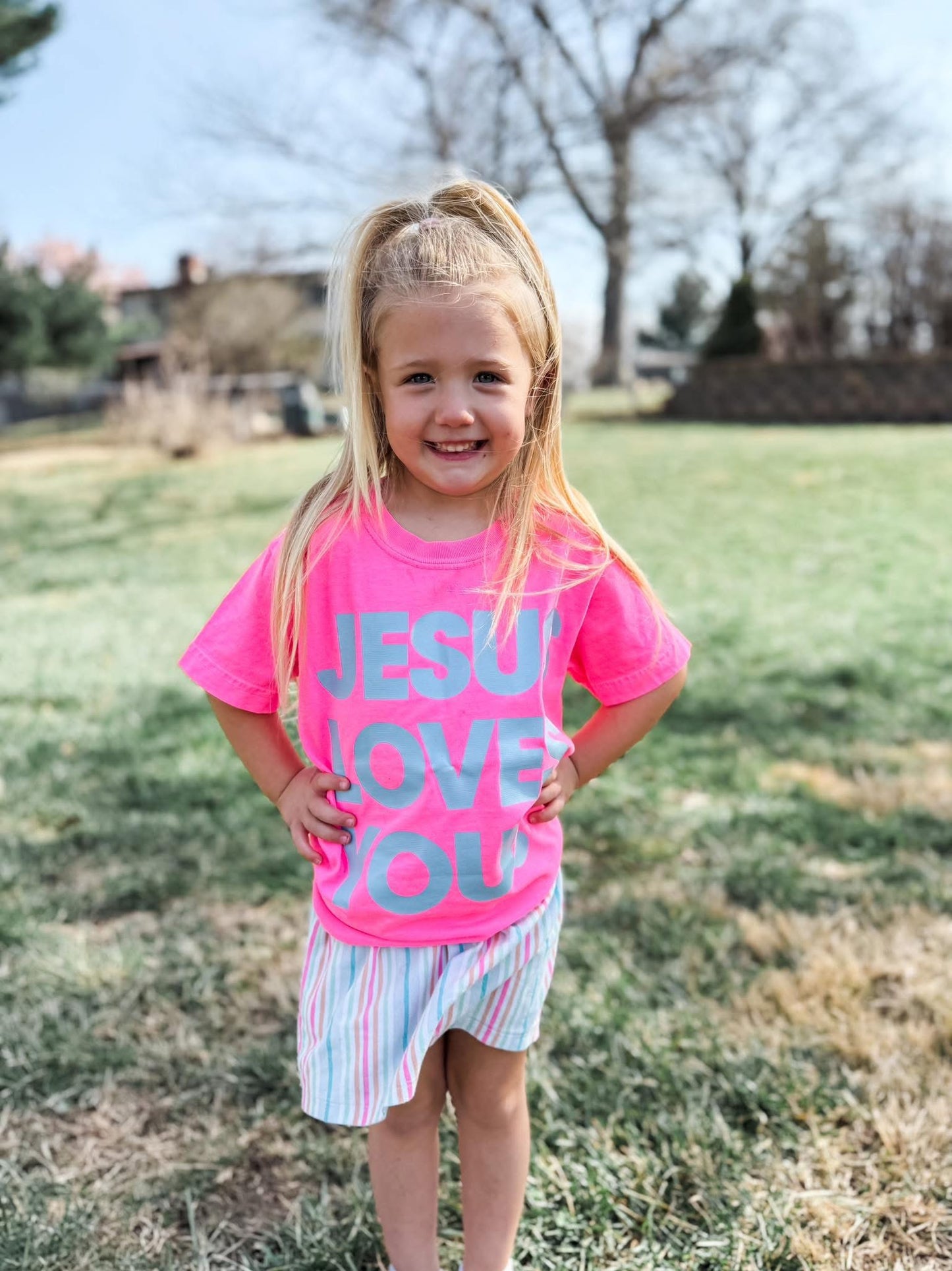 **Adult & Kids Size** Blue Jesus Loves You Neon Pink Tee