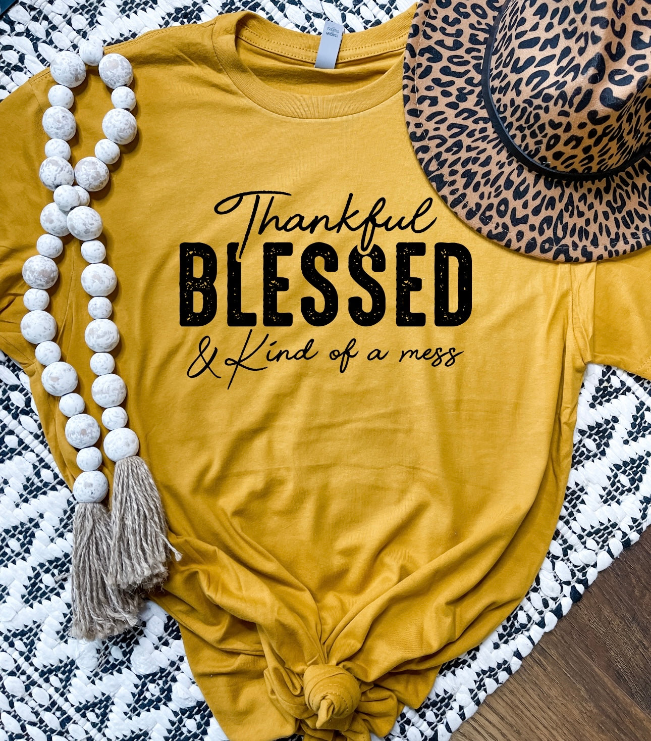 Thankful Blessed & Kind Of A Hot Mess Heather Mustard Tee