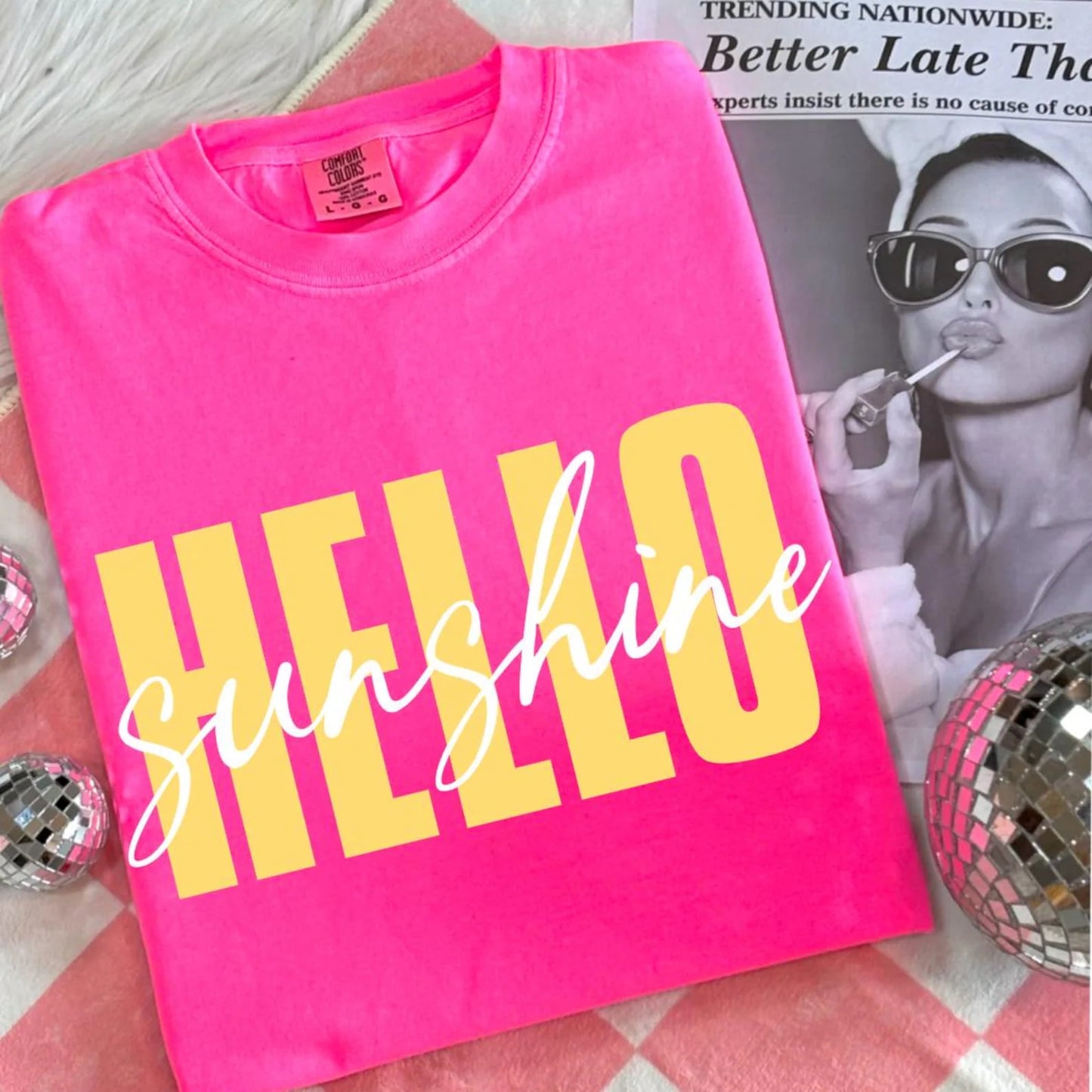 Yellow & White Hello Sunshine Neon Pink Tee