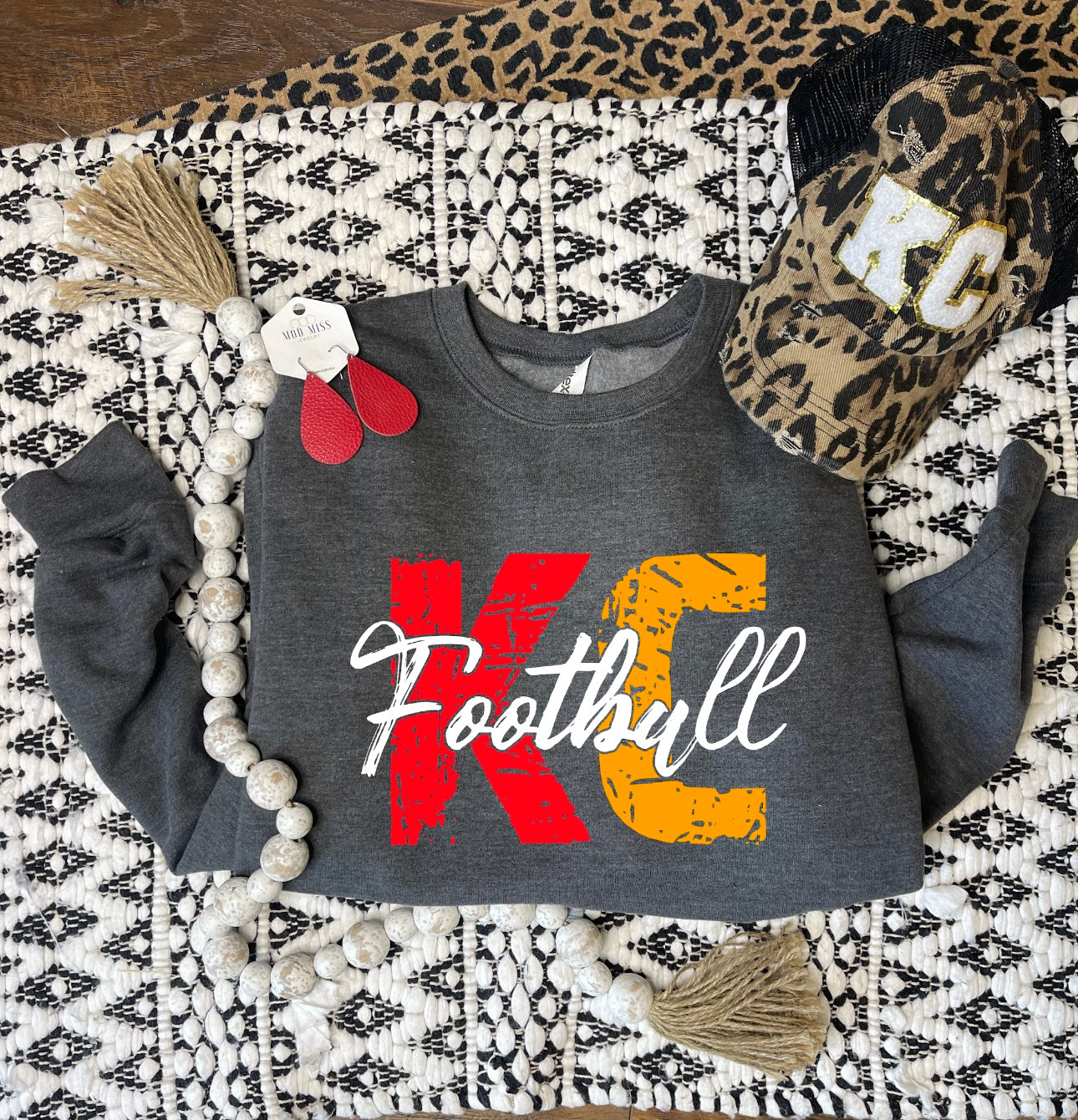 Red & Gold KC White Football Script Dark Heather Sweatshirt