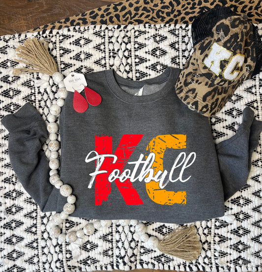 Red & Gold KC White Football Script Dark Heather Sweatshirt