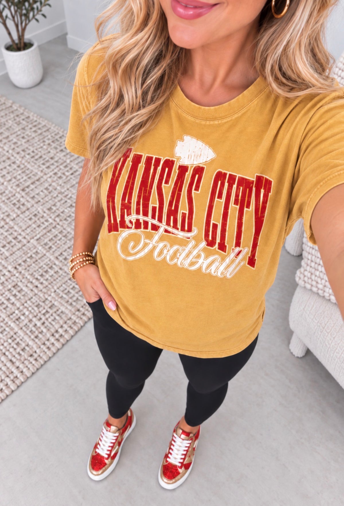 **HALFTIME DEAL** Distressed White Arrowhead Red White Scipt KC Football Mustard Tee