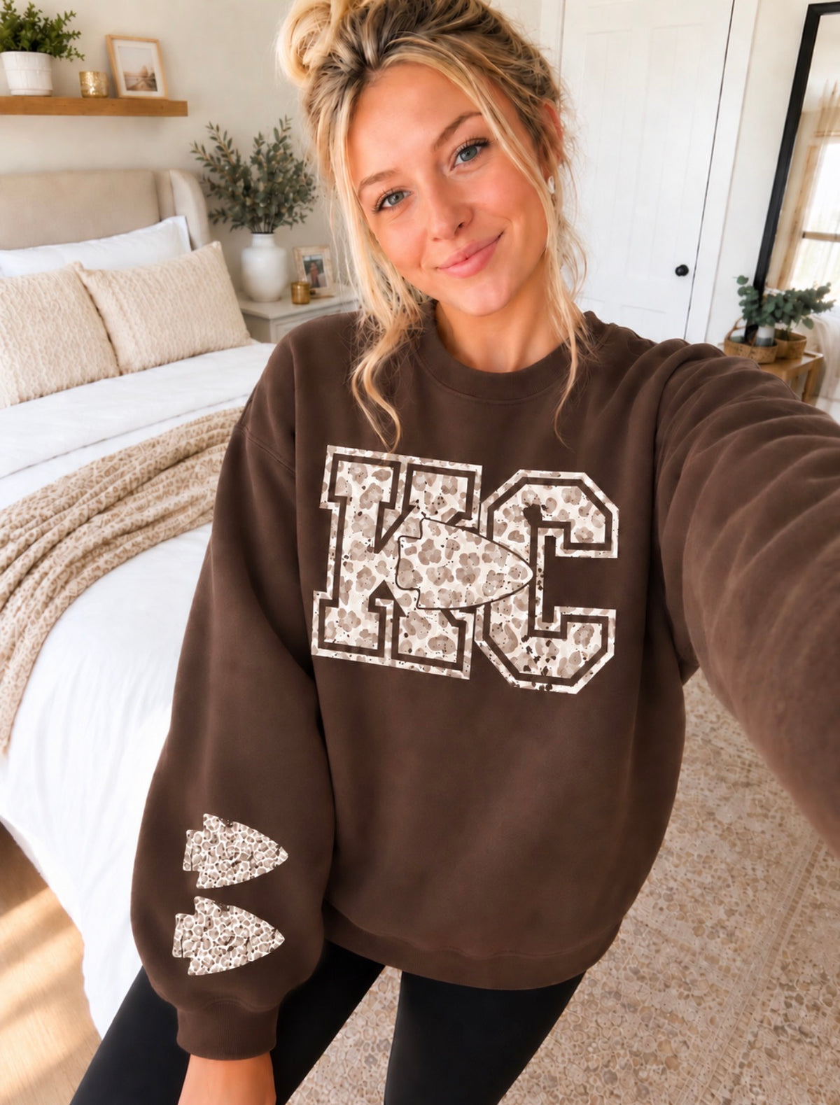 **HALFTIME DEAL** Brown Leopard KC With Arrowhead Sleeve Chocolate Sweatshirt
