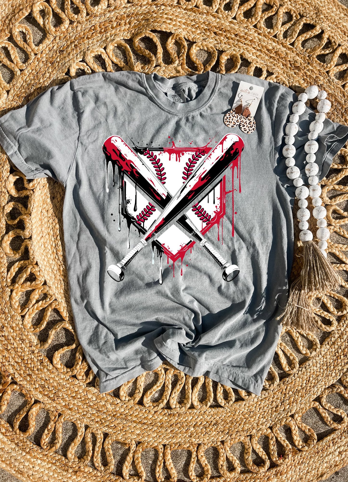 Red & White Crossed Bat Grey Tee