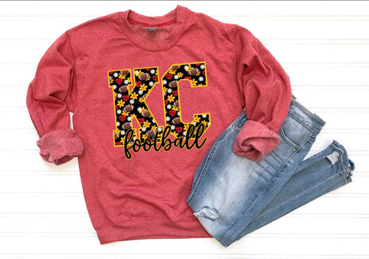 **HALFTIME DEAL** Daisy Football Collage KC Football Heather Red Sweatshirt
