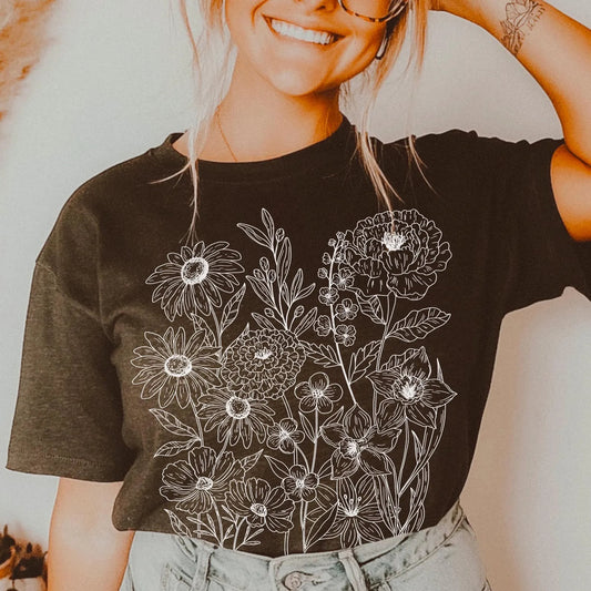 White Florals & Stem Black Tee