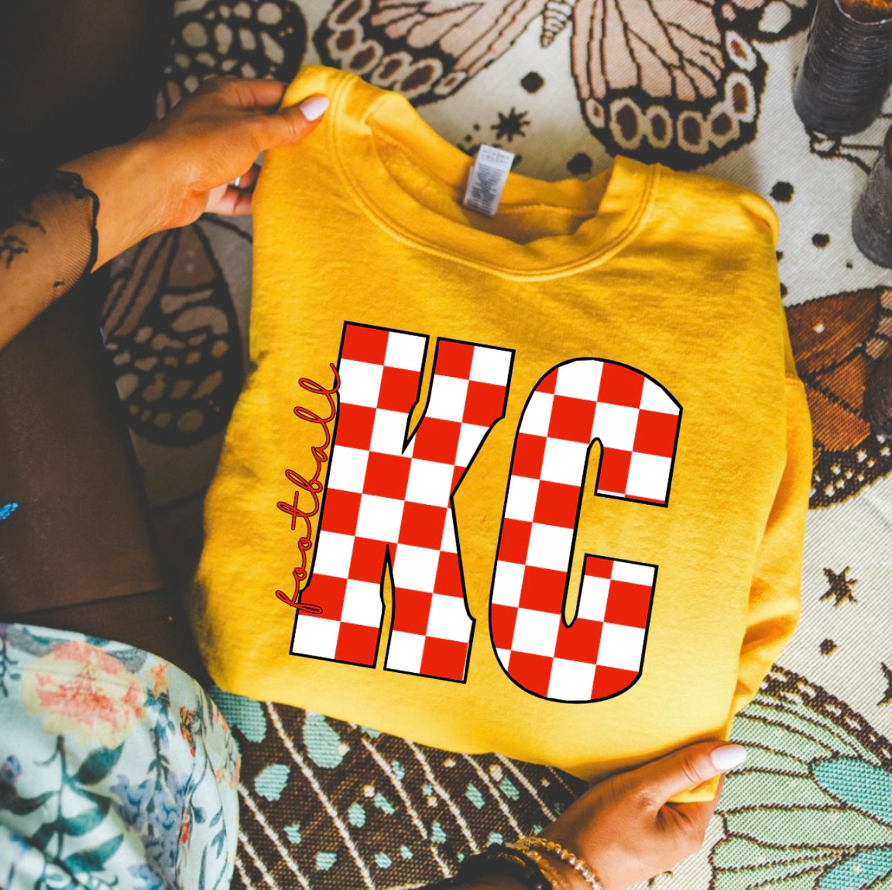 **HALFTIME DEAL** KC Red & White Checkered Football Gold Sweatshirt