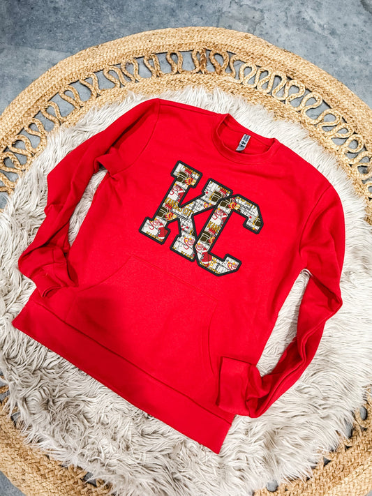 **HALFTIME DEAL** Helmet Collage KC Block Red Pocket Sweatshirt