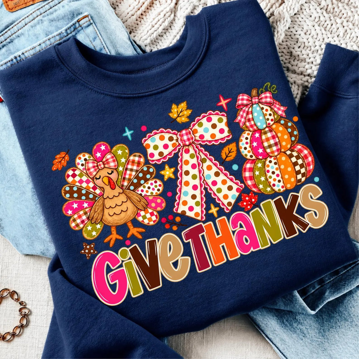 Turkey Colorful Give Thanks Navy Sweatshirt